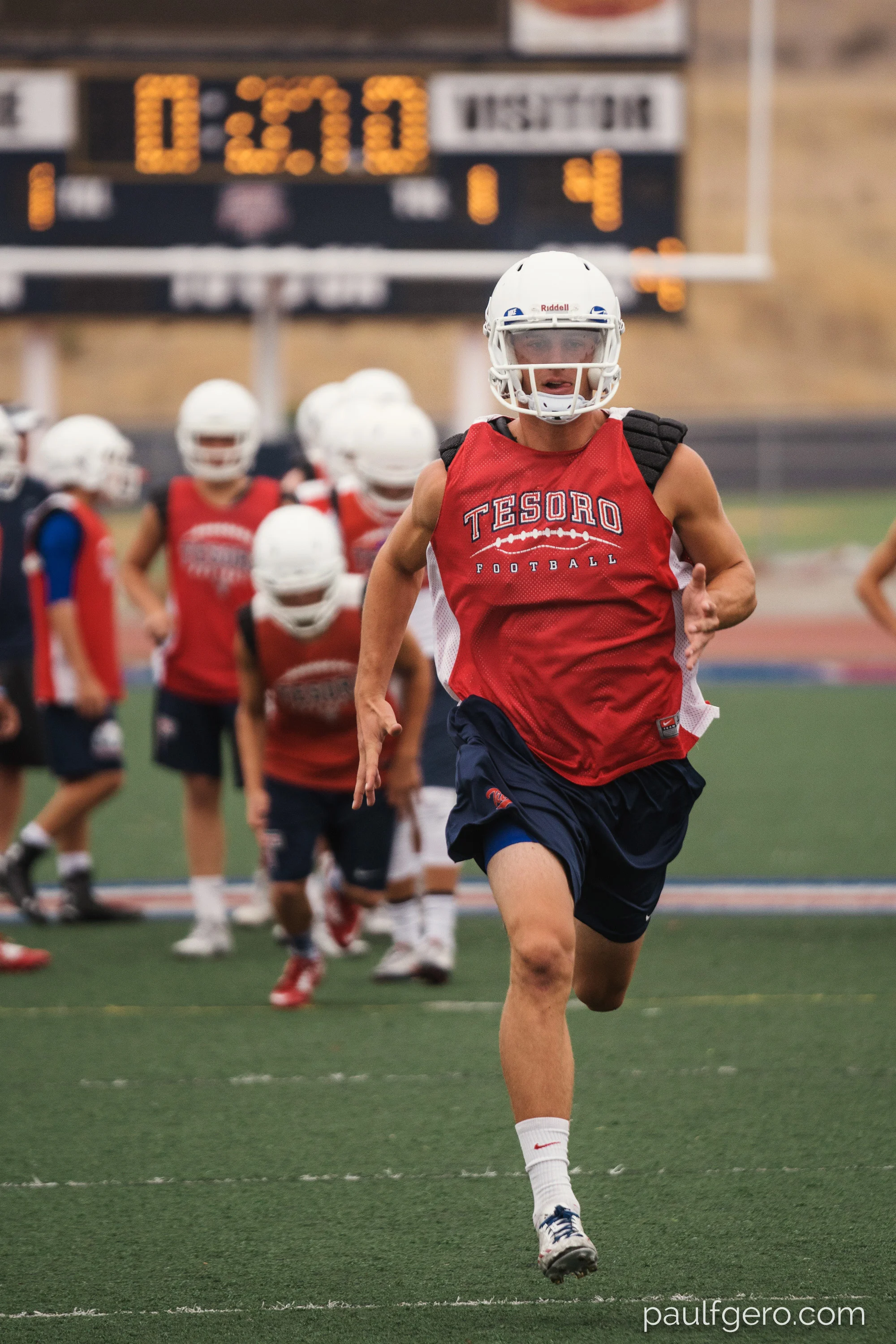 Tesoro highly recruited wide receiver Shane Coleman runs during Day One of Fall Camp at the school on Monday. 200mm, 400 ISO, 1/100 0th at f2.8.