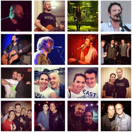 From left to right starting from the top: Matt Goud (Northcote), Barry Dolan (Oxygen Thief) on his Skiffle tour, Laura Jane Grace (Against Me!), Frank Turner, Billy the Kid, unknown, Beans On Toast, xxxx, Maribella with: Beans On Toast, Nigel Powell (The Sleeping Souls), Ben Lloyd (The Sleeping Souls), Barry, Frank, Billy, Matt, and photographer Gregory Nolan!