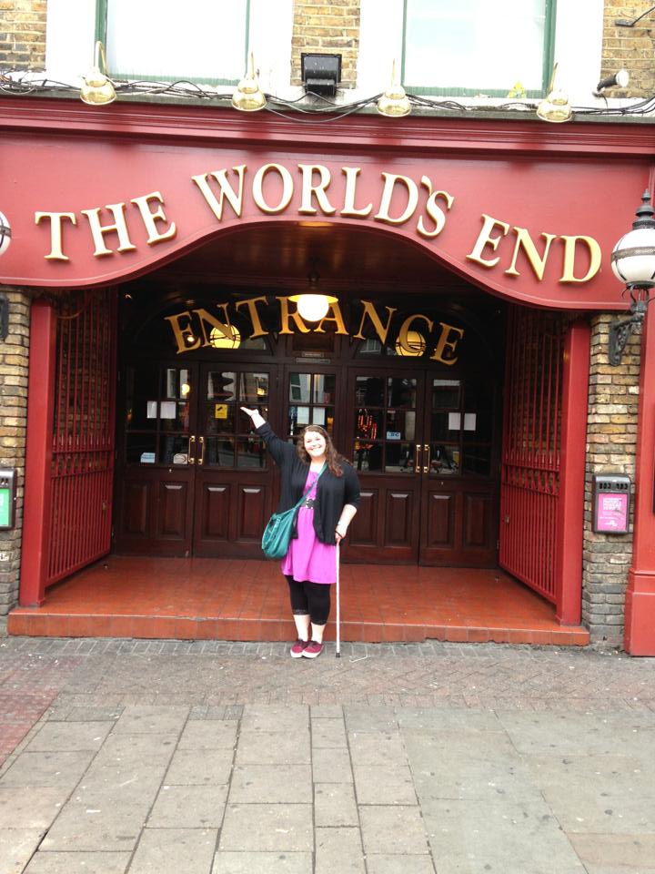 Val with her cane outside The World's End in Camden, right next to excellent rock venue, The Underworld.