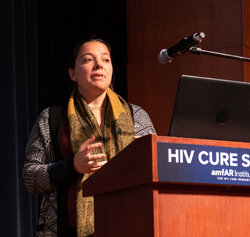 Dr. Rachel Rutishauser outlines the clinical trial at amfAR’s HIV Cure Summit