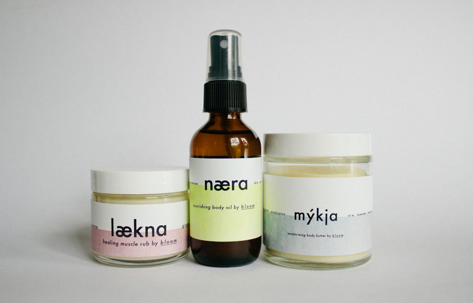 Instantly nourish and restore your skin while simulatenously giving your nose a legitmate reason to yourself every five seconds: laekna healing muscle rub infuses achy joints with, natural anti-inflammatories like ginger and peppermint; naera nourishing body oil is addictivly warm and soft with extracts from bergamot and frankensince to encourage healthy cell regrowth; myjka mositurzing body butter locks in moisture and awakens skin grapefruit and eucalyptus