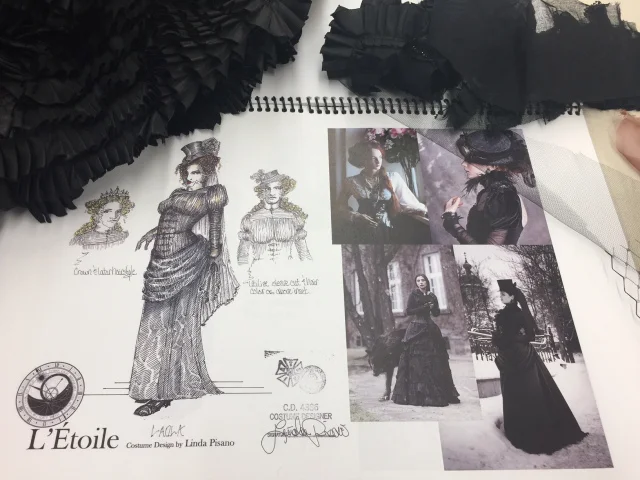 Page from the costume design book. Each page includes a costume rendering, working drawing, inspirational research and fabric swatches from which the costumes will be constructed.