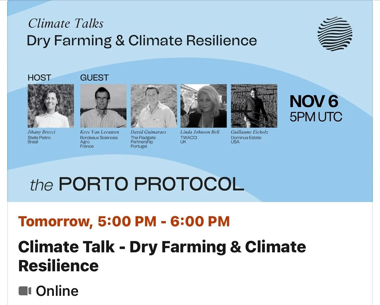 Join us tomorrow as we discuss the role of freshwater irrigation and the conversion to dry farming as a climate resilience strategy &hellip; it will be riveting, actually- promise !