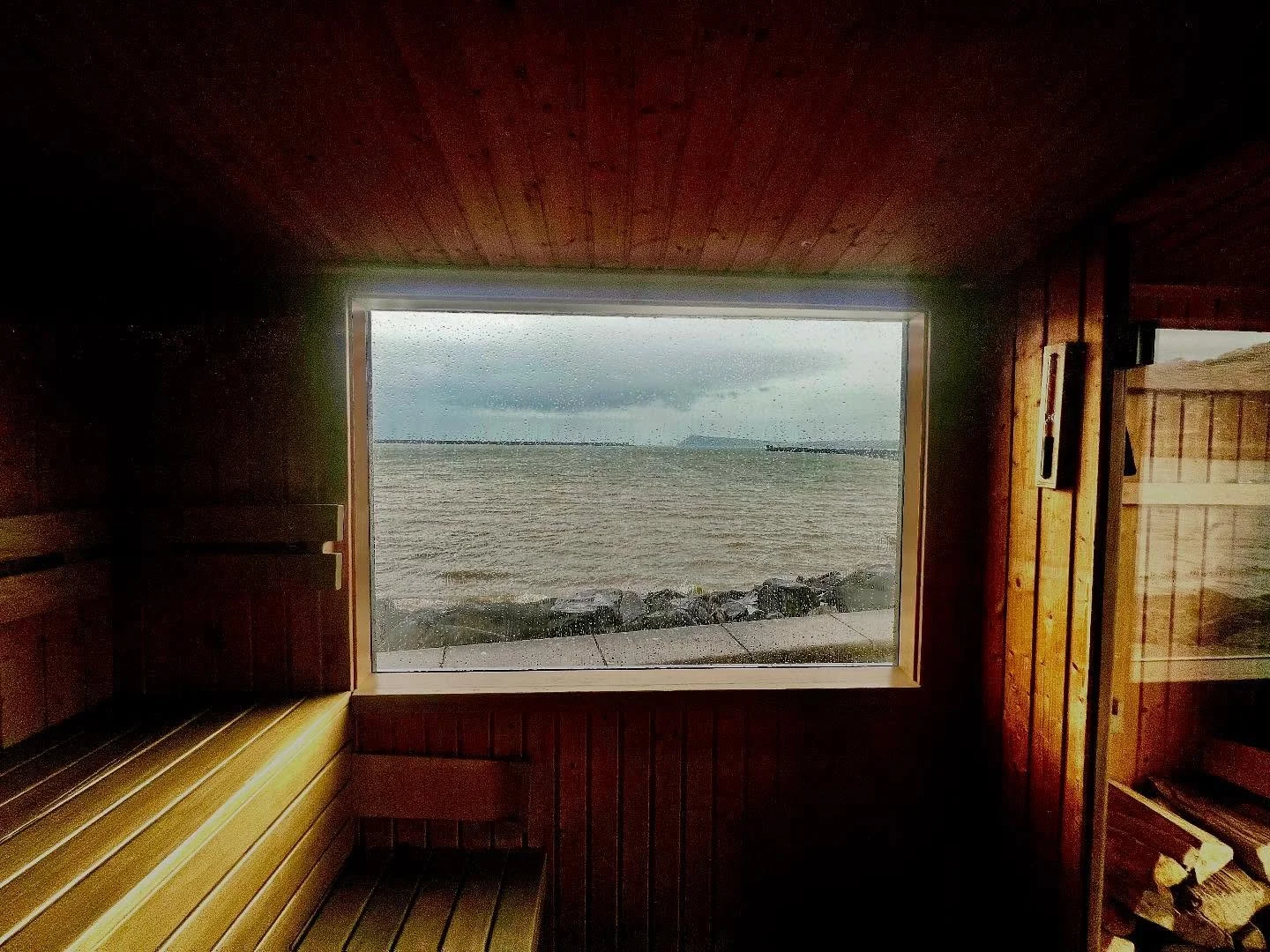 Looking out from the @wildwatersauna at the Irish Sea (well, Fishguard Bay, technically).