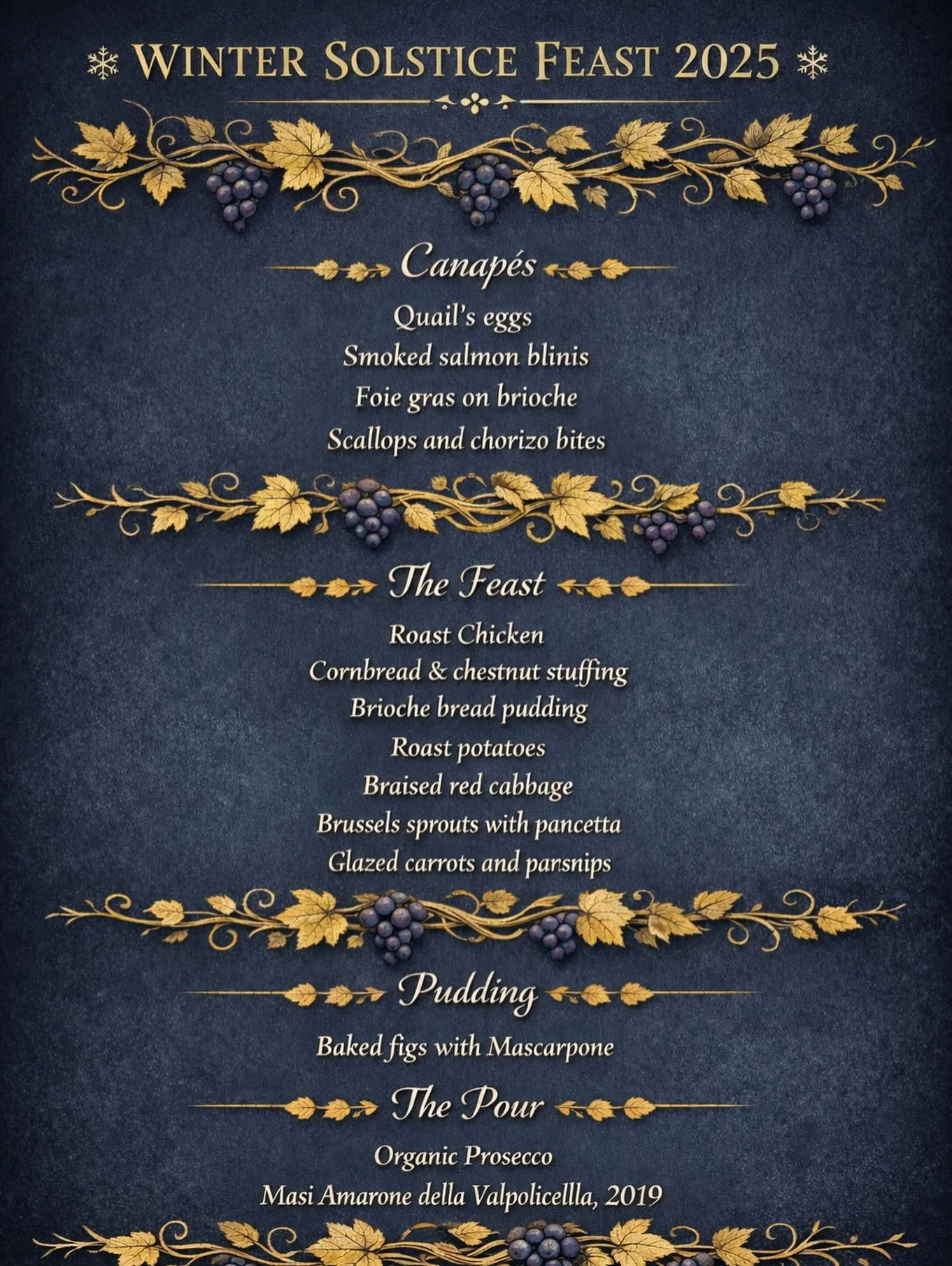 I am in full Hyacinth mode- colour coordinating root vegetables and peeling quails&rsquo; eggs. I used to type out the menu so I could show off in front of the guests- but now I do it so I can remember what I have to cook.