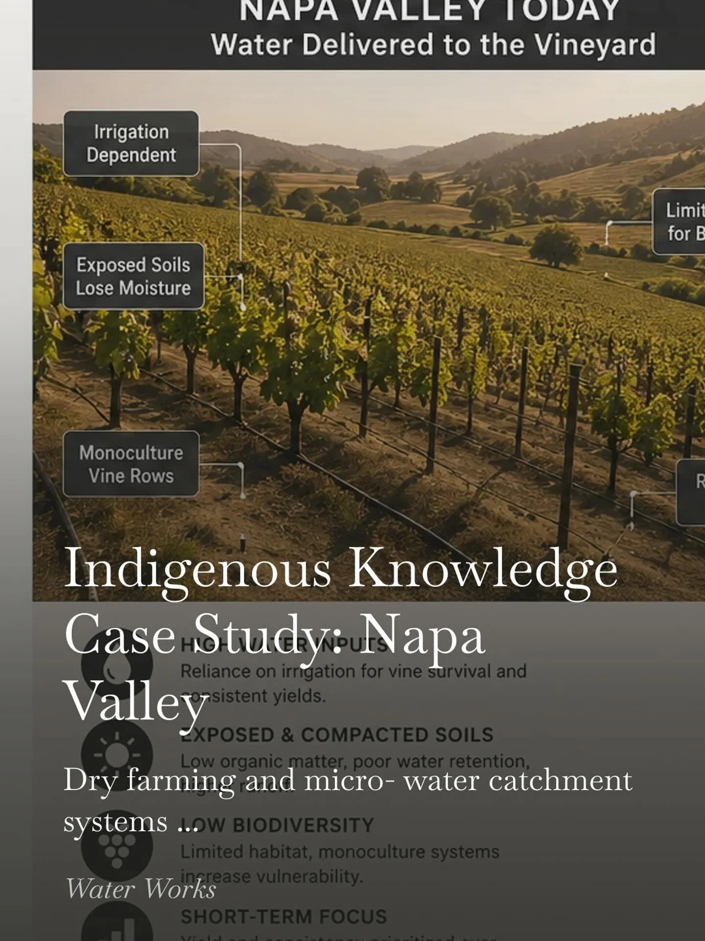 Ancient knowledge and modern vineyards - redesigning wine around water - not against it. In this article I imagine Napa Valley with micro - water catchments&hellip; and building resilience.
#napa #napavalleywine #dryfarmingwine #indigenousknowledge