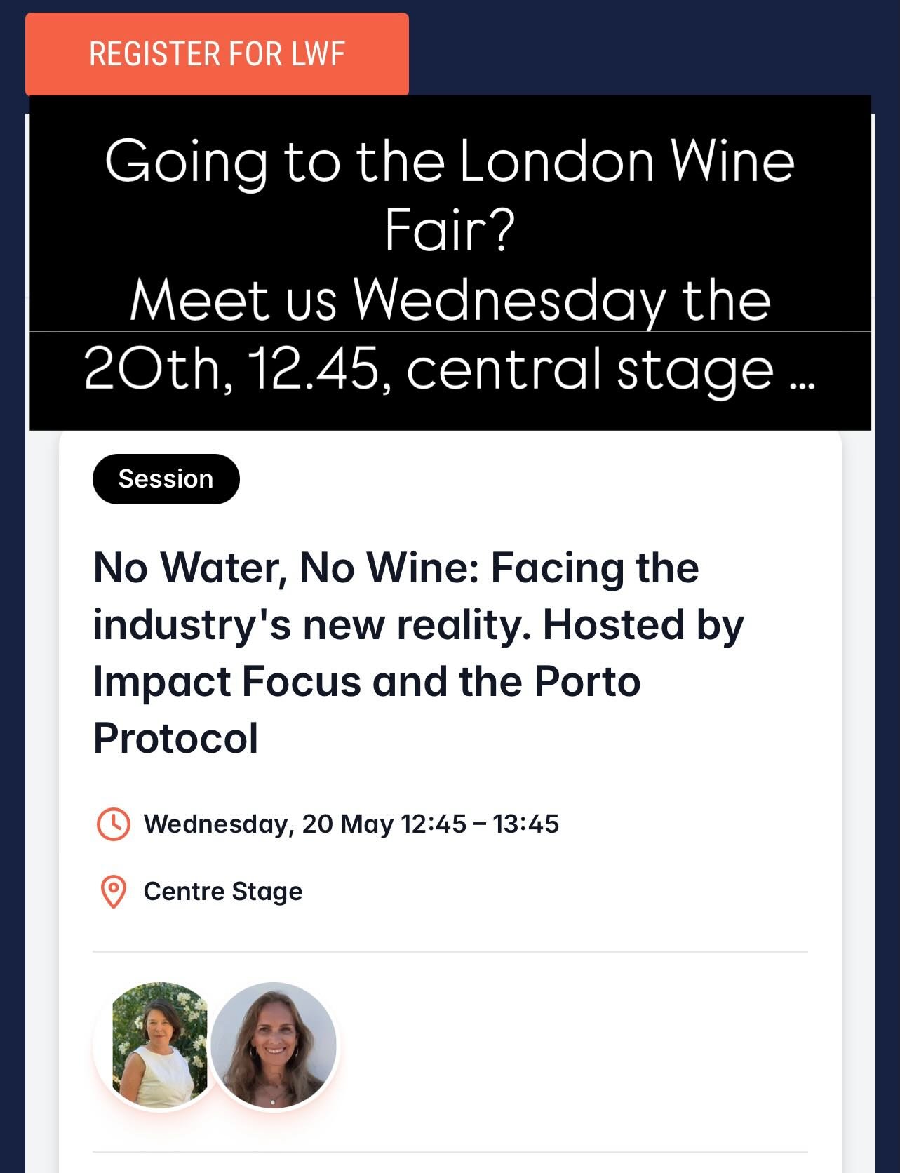 Sustainability is a main theme of this year&rsquo;s fair, and Water&hellip; the issue of the day! Join @theportoprotocol and others for their session on water stewardship &hellip; I&rsquo;ll be on the panel as well&hellip; Join the conversation 🍷💧
