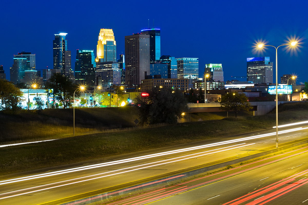 Downtown Minneapolis just after the sun sets. Lens: Olympus 45mm/1.8