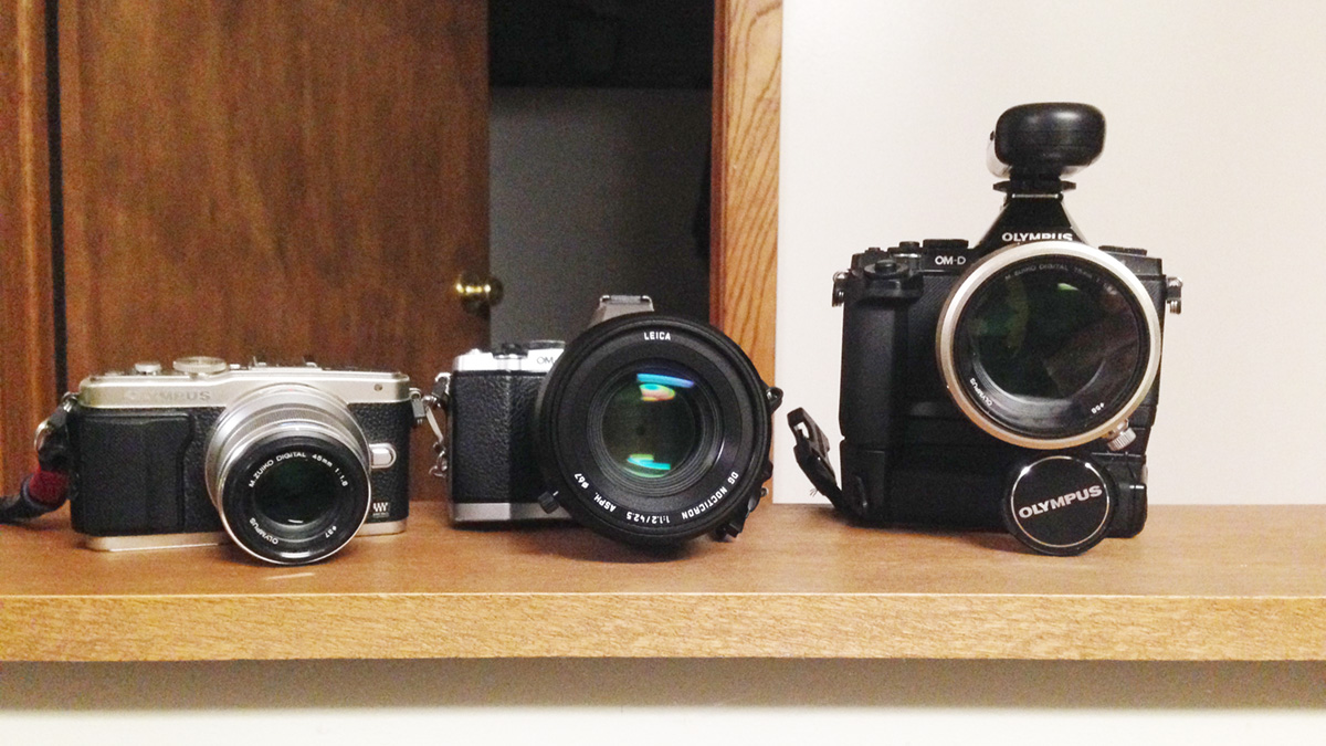 From left to right: Olympus 45mm/1.8, Panasonic-Leica 42.5mm/1.2, and Olympus 75mm/1.8 lenses.