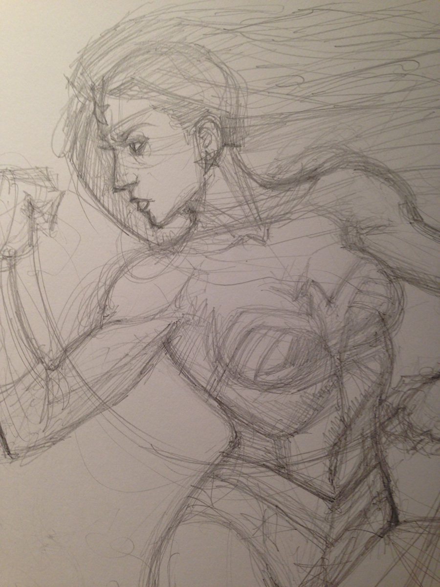 BEFORE: rough pencil sketch of Wonder Woman commission