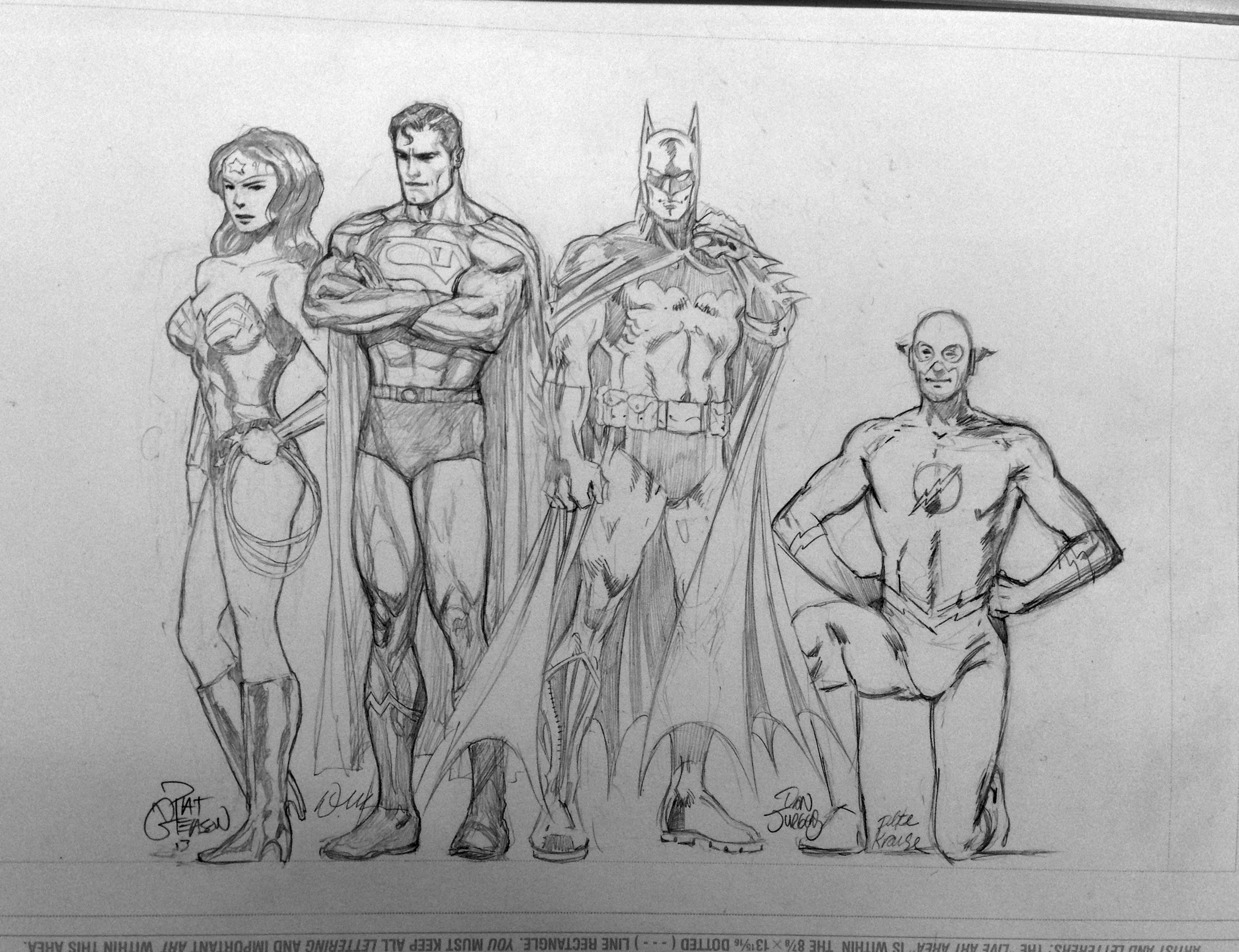 From left to right: Wonder Woman by Pat Gleason , Superman by Doug Mahnke , Batman by Dan Jurgens , and Flash by Peter Krause.