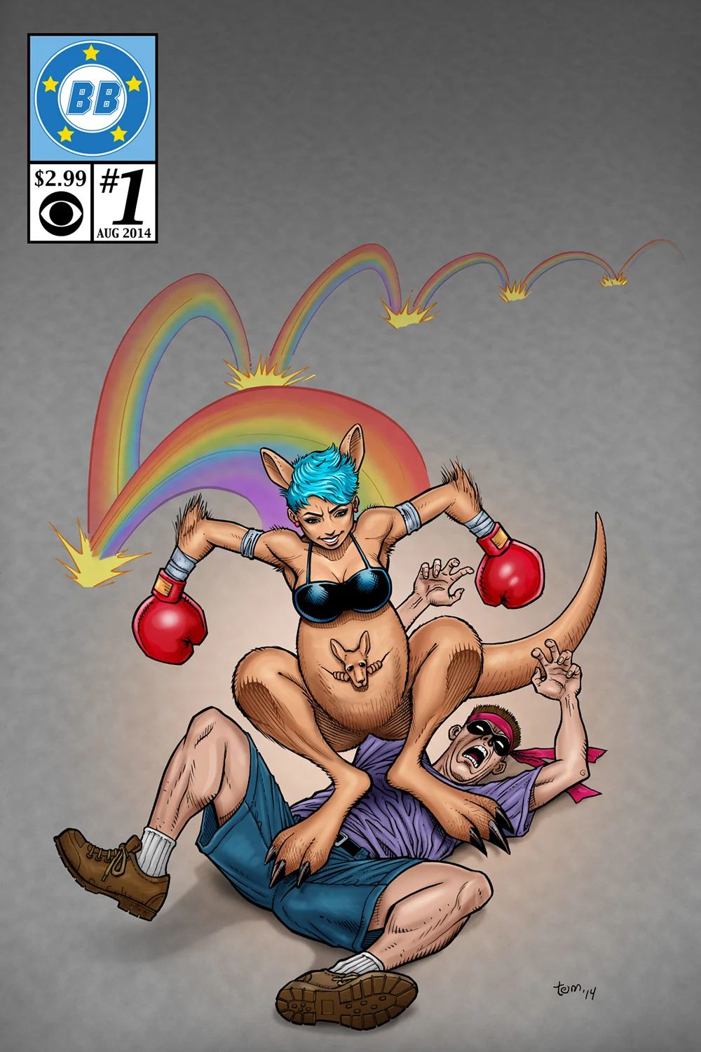 This actually was not the final approved version; I had to add pants to Joey (see below). Easter Egg: the bad guy being stomped on is an homage to a cartoon character my friend Jeff created back in high school named Simon. 
