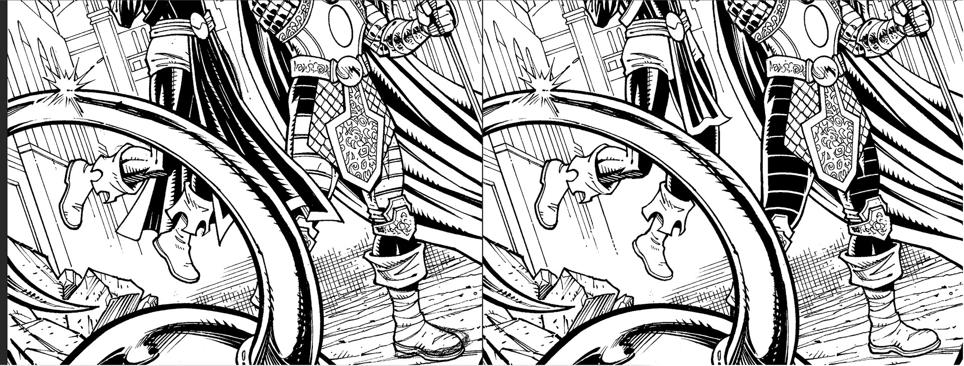 Odin VS Loki: after I was nearly finished, I didn't like the length of Loki's loin cloth thingy. So I redrew it shorter in Photoshop.