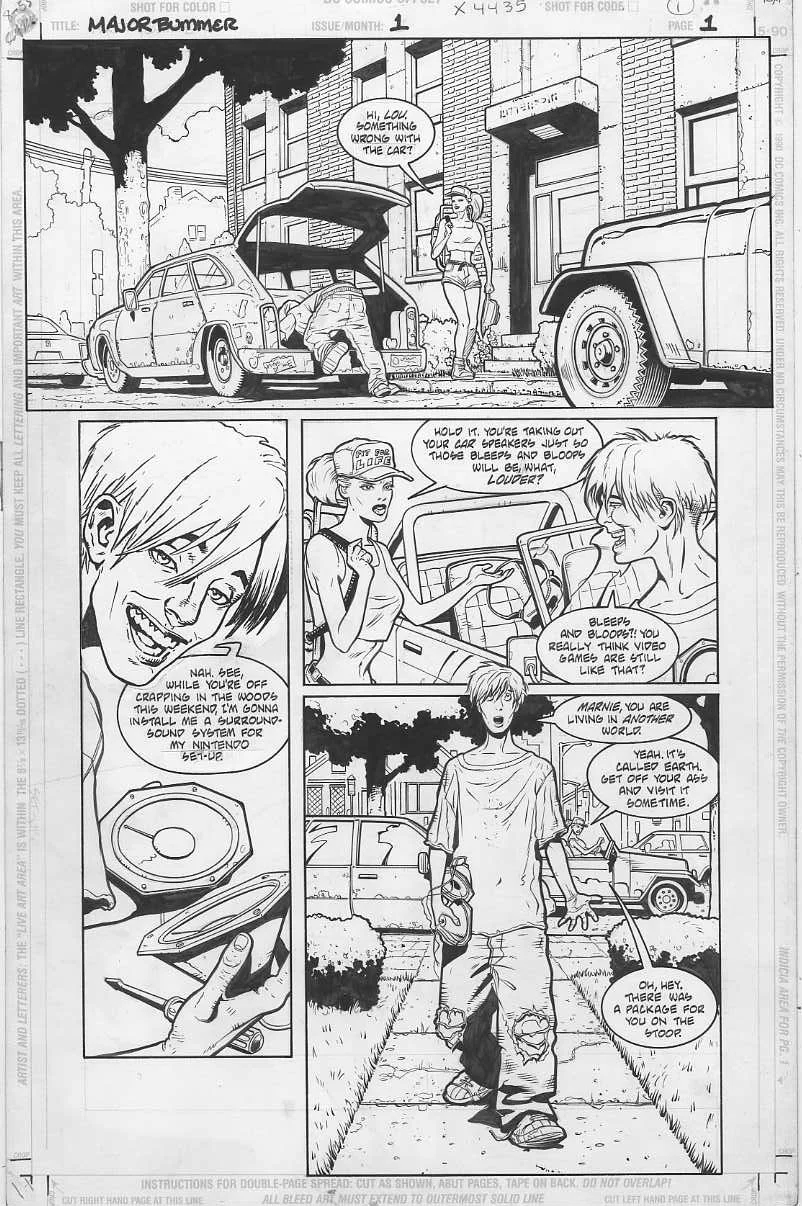 My very first professional, fully-inked page (right before Christmas 1996). I had just turned 20 years old. Except for ruled lines with Pigma Micron pens, everything (even the tiny textures, faces, fingernails, etc.) was done with a Winsor Newton Series #7 size 0 brush at the time--simply because I thought "that's how you're supposed to do it." Good mindset for training, really. In panel 2, Lou's facial expression was swapped with one re-drawn by Doug Mahnke per the editor's request.