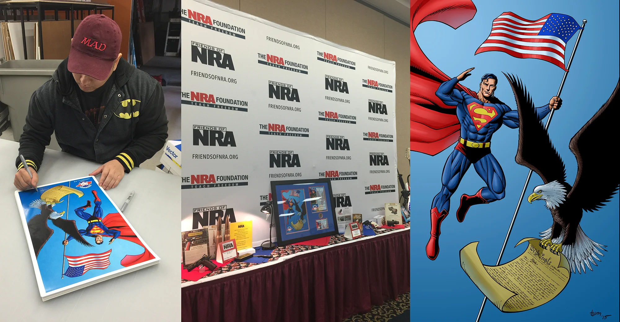 This year I was invited twice to the Tennessee Friends of NRA dinner banquet (thanks to Michael Webb and Jim Bruce) to contribute an exclusive Superman illustration that was printed in limited numbers to be auctioned off to raise money. The prints were a huge success this year, raising around $15,000 . See a larger version here .
