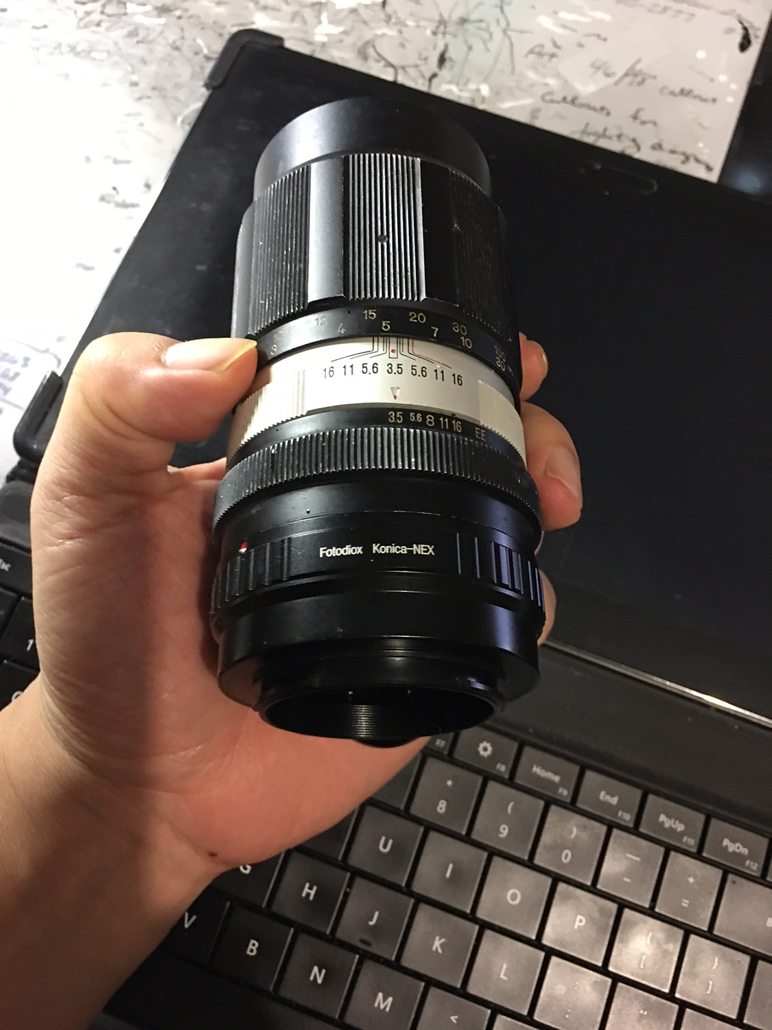 I ordered a Fotodiox Konica --> Sony NEX dummy adapter (again--fully manual focus/aperture lens, so no electronic information is passed) so that I can mount the lens onto my Sony A7Rii. 