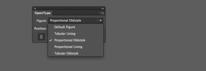 The OpenType palette in Adobe Illustrator CC has the options for figures.