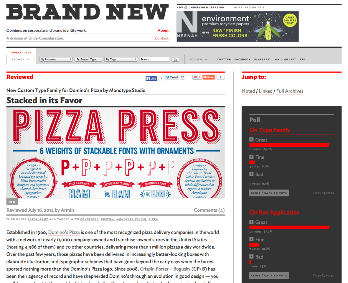 Domino's custom Pizza Press font set on Brand New