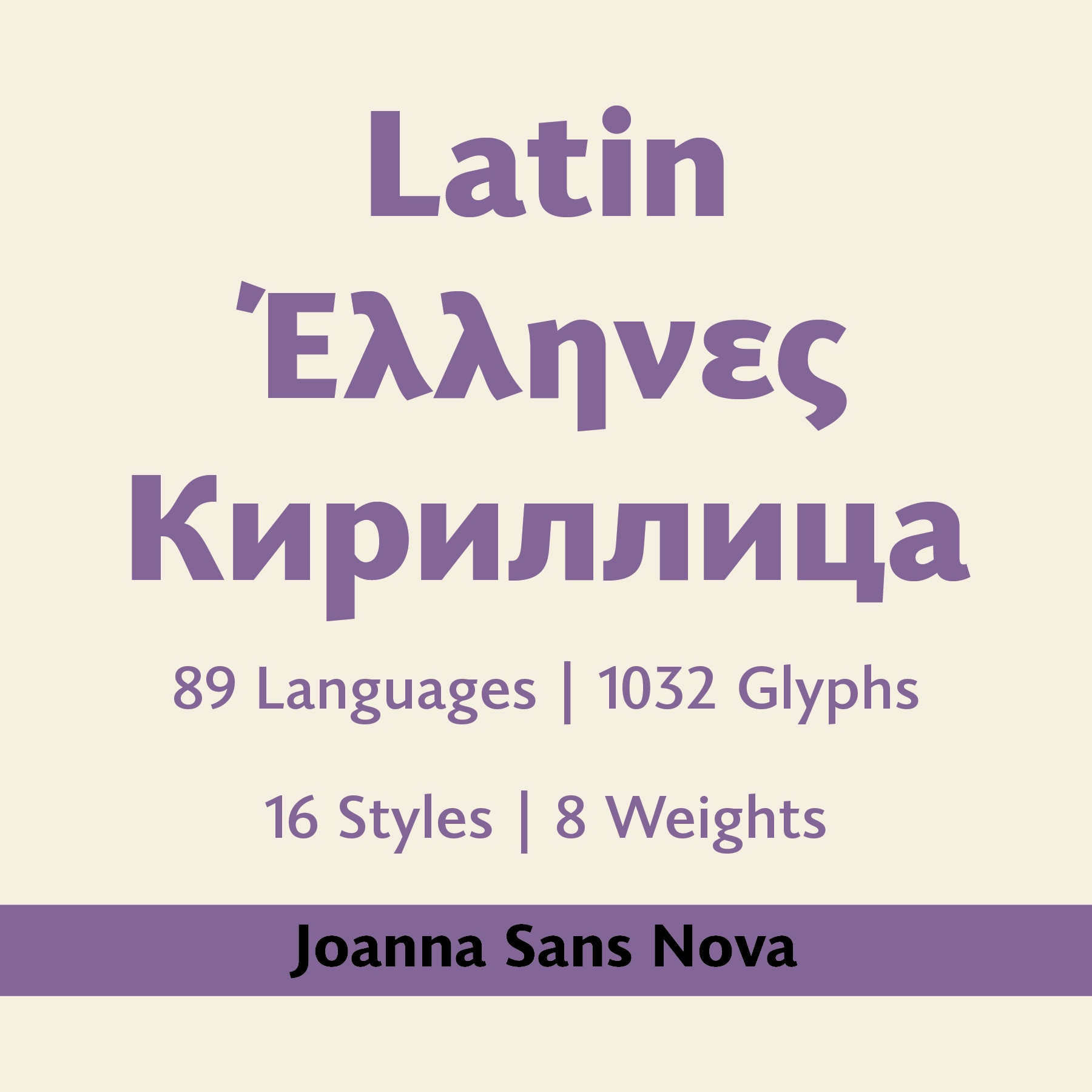  Joanna Sans Nova comes in Latin, Greek and Cyrillic scripts, covering 89 languages with over 1000 glyphs per style. 