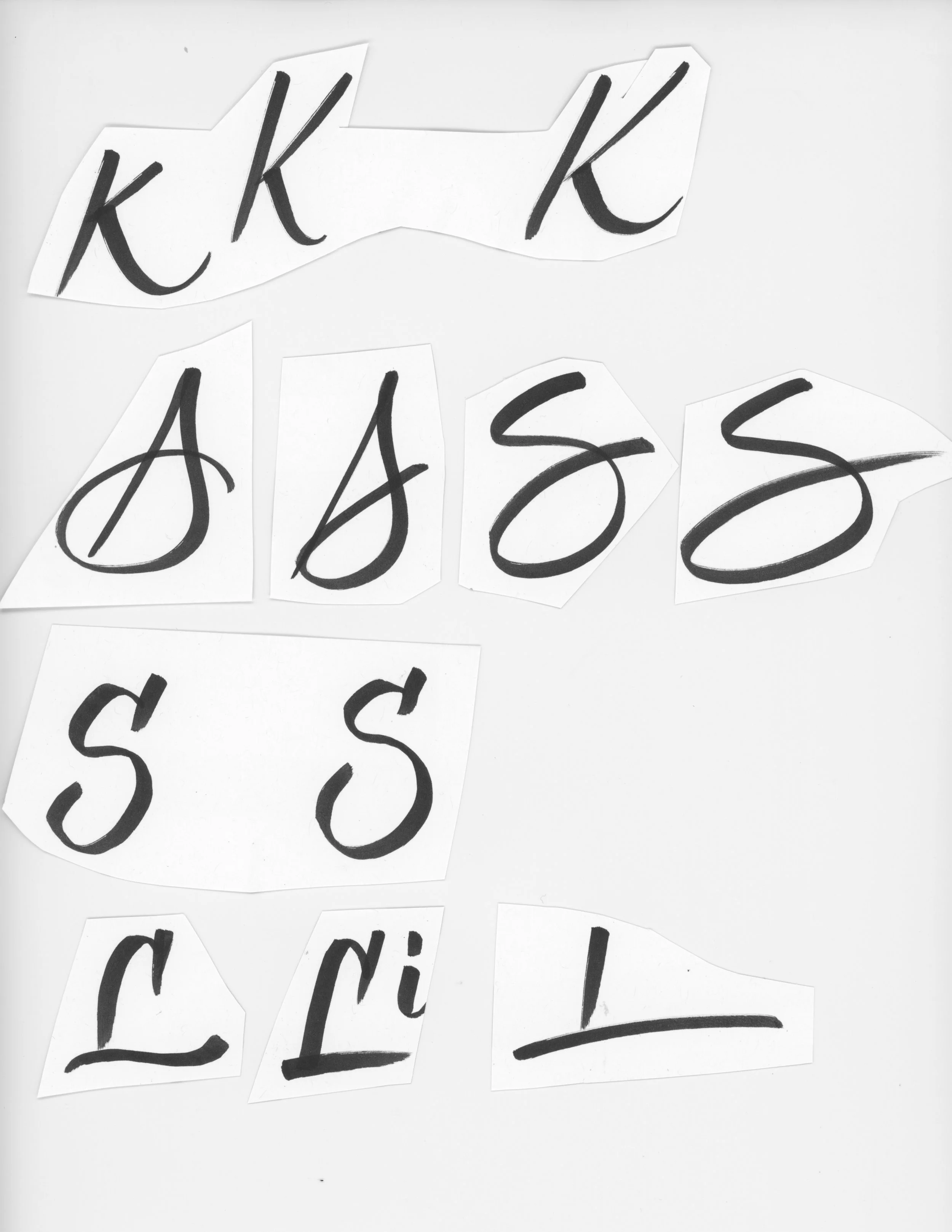 After drawing pages of letters targeted for the typeface, the best pieces are selected and cut out for digitizing, becoming bonafide glyphs.