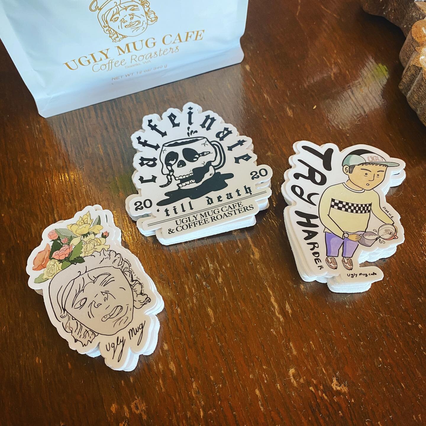 Yay! New stickers! Our in house designed stickers are available at both locations! Our baristas designed this and we share profit with them! Cool huh!? 🙋