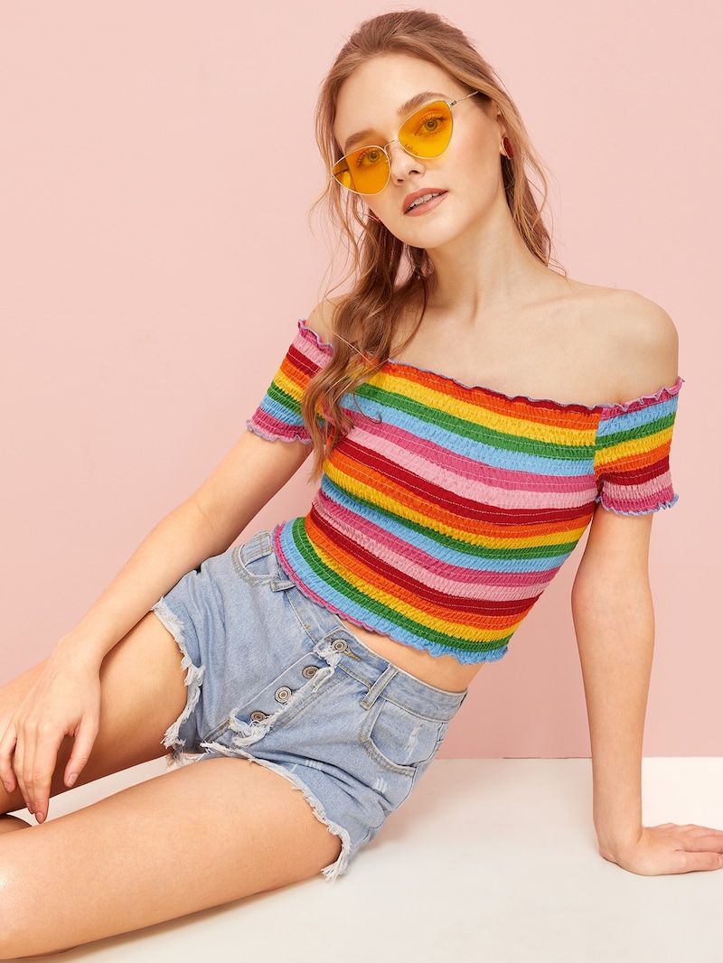 Off-shoulder Colourful Stripe Shirred Top _ ROMWE.jpeg