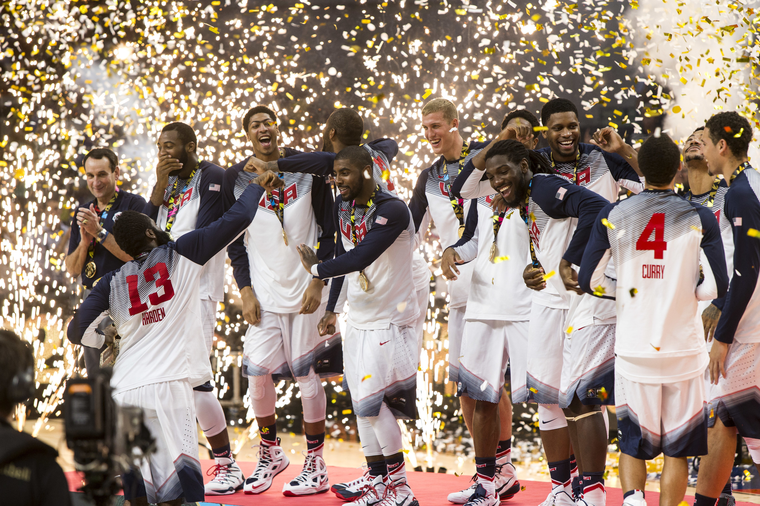 Team USA does the shmoney dance in celebration of the Basketball World Cup gold medal when they defeated Serbia in the championship. 
