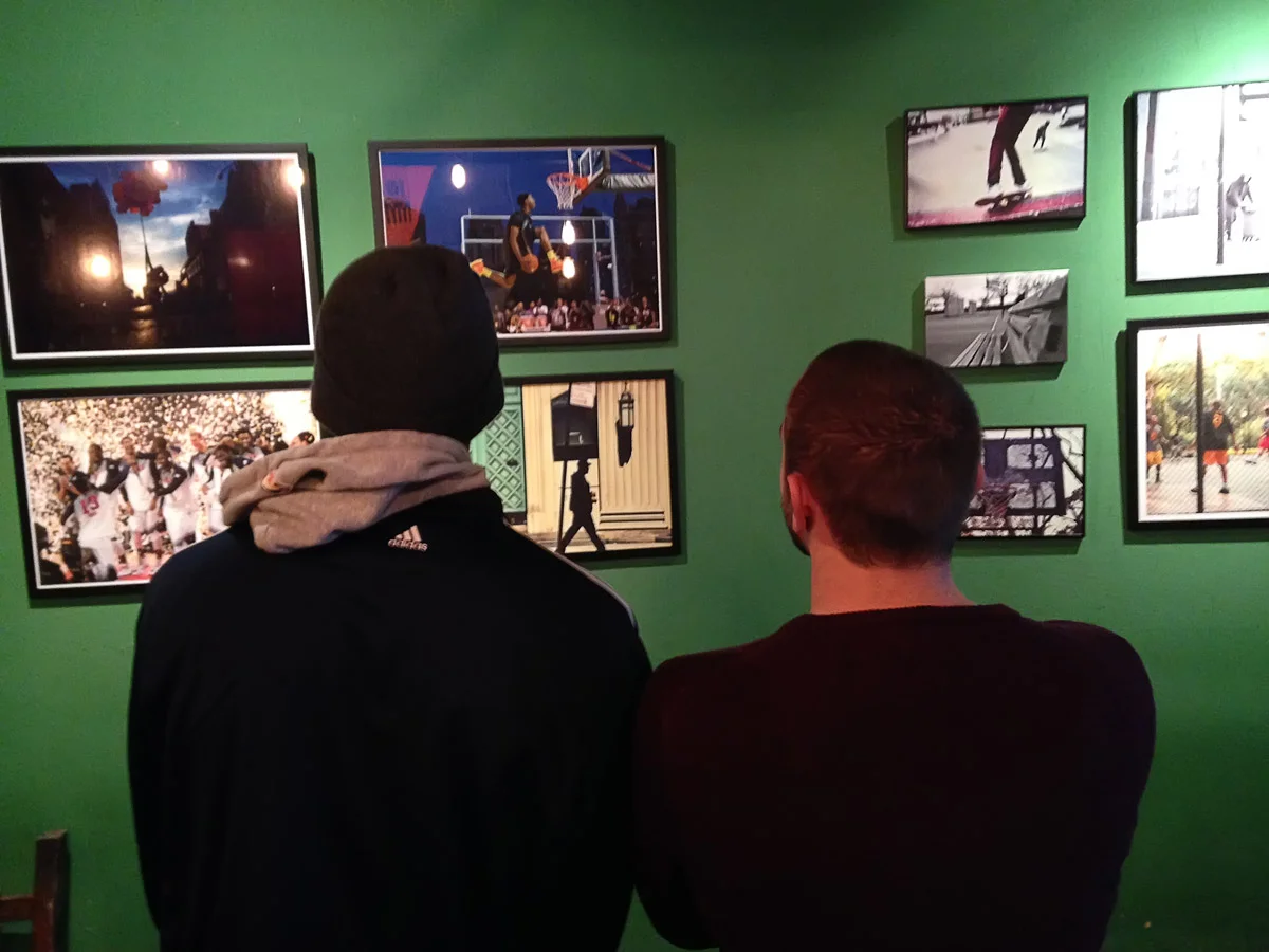 Alex and I review the placement of our images while we were setting up our joint exhibition at Camaradas in East Harlem. The exhibition closing will be on Wednesday, January 14th beginning at 6 p.m. This will be your last chance to see the show. Come join us and celebrate with us before we remove our work from the walls. The opening of this exhibition, on December 1, 2014, was a moving event to say the least. 