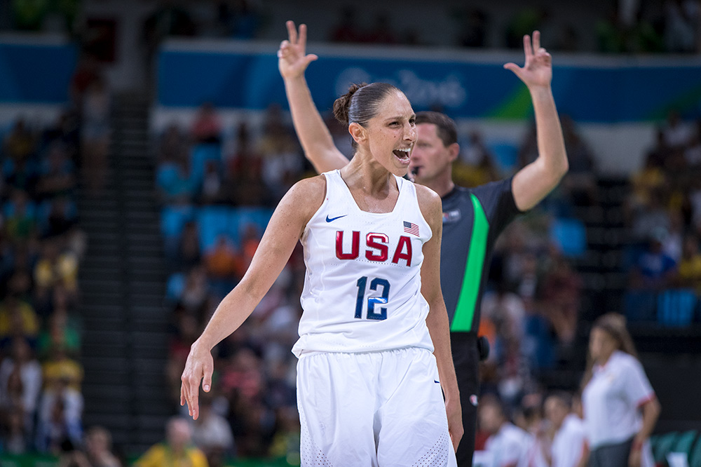 Diana Taurasi celebrates yet another of her three pointers, she holds the record for made 3's in a single game at the Olympics with six.
