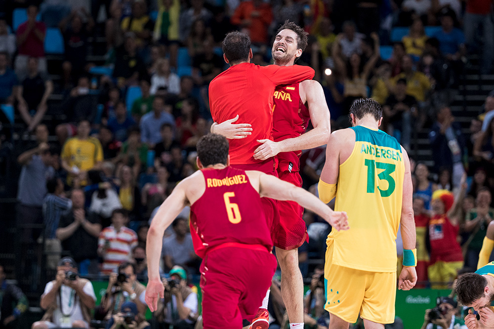 Pau Gasol celebrates a bronze medal victory with this teammates. Expecting emotions to be running high at the Olympics, I was extra focused on the moments in between the action. 