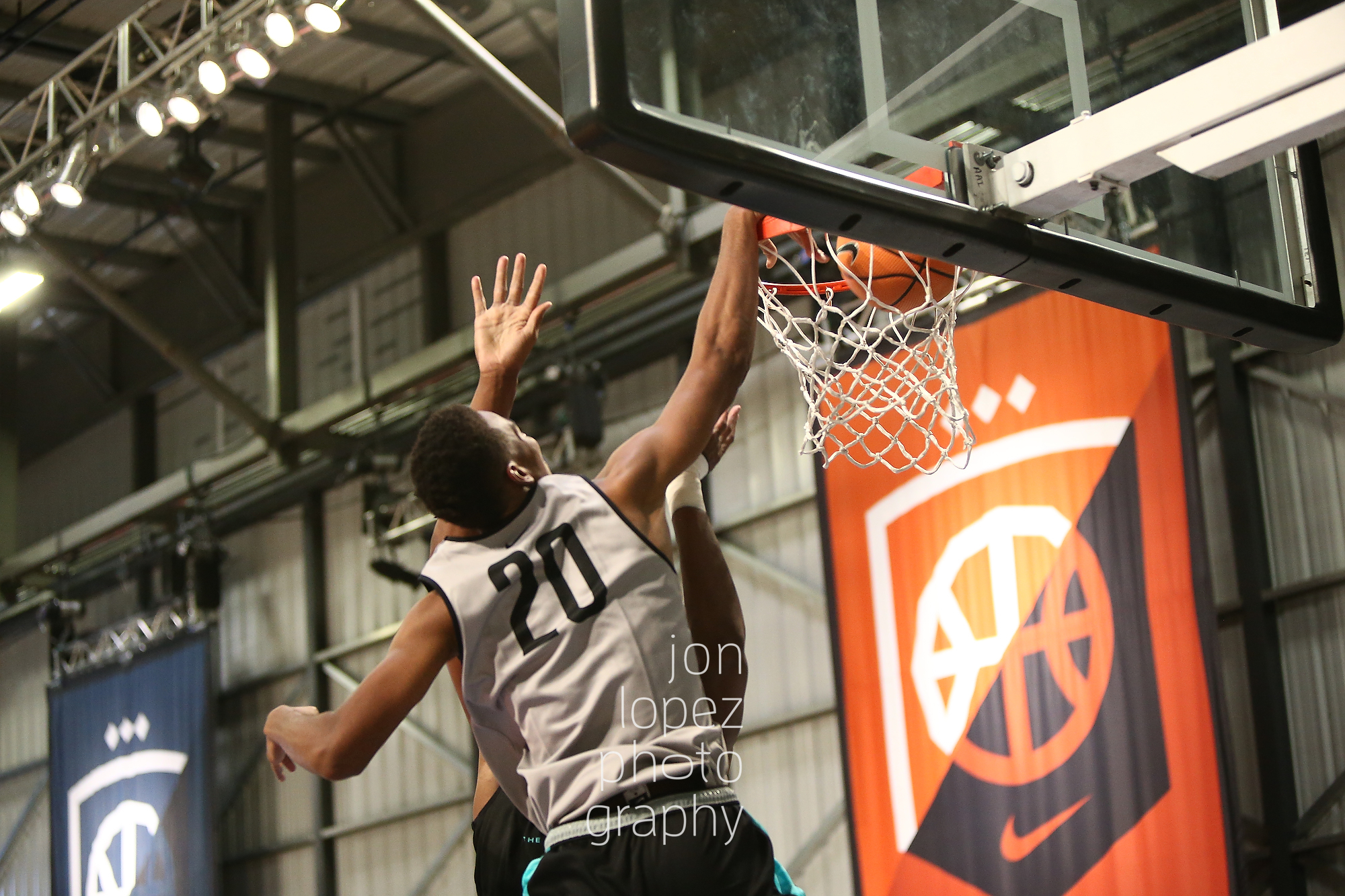 With the top players in the country under one roof highlights are in abundance. Here, Troy Brown posterizes a defender at the hangar-turned-elite basketball facility in Los Angeles, CA. 