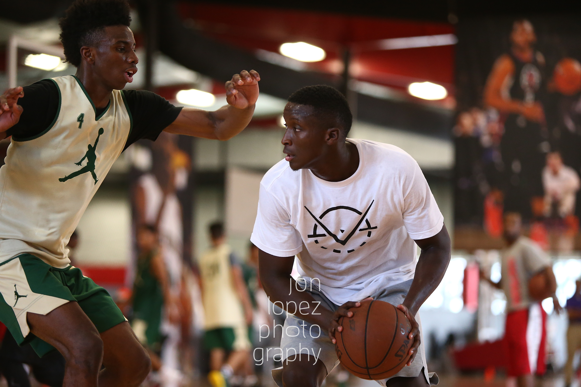 Victor Oladipo, who was on an airplane on his way to the CP3 skills academy when he found out he was traded to the Oklahoma City Thunder, puts Hamidou Diallo's defense to the test. 