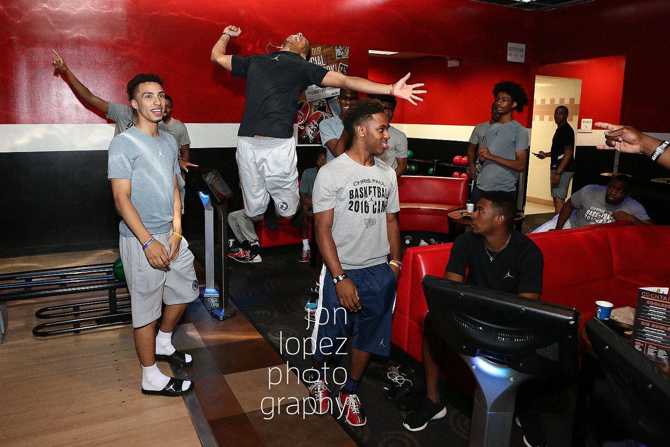 Tremont Waters leaps in jubilation having taken a sizeable lead at the bowling alley, but his opponent had one more round to go...