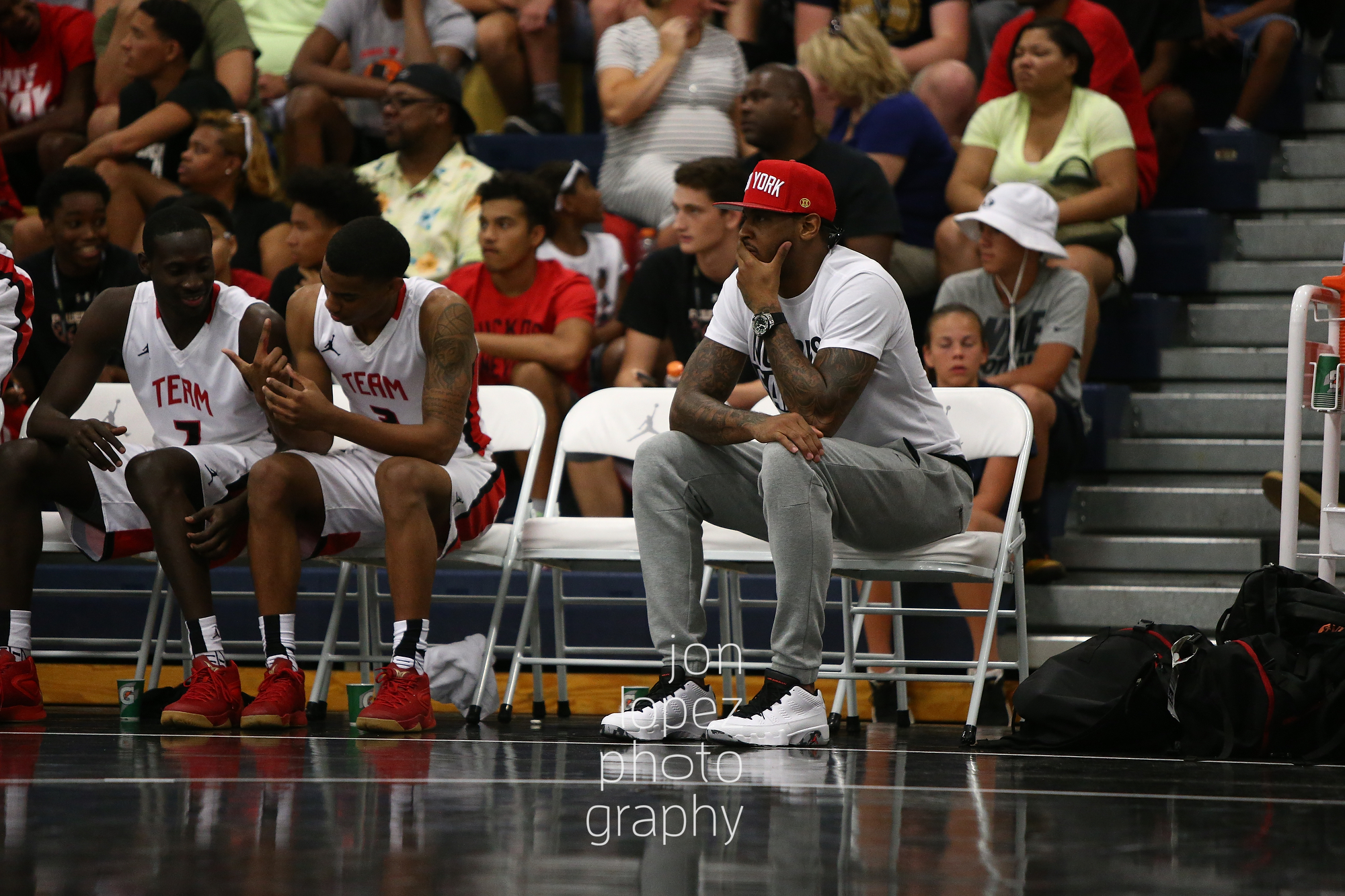 LAS VEGAS, NV. JULY 20, 2016. The Eight. Carmelo Anthony sits on Team Melo bench. (Mandatory photo credit: Jon Lopez/Nike).  