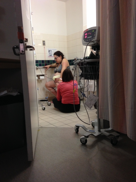 labouring in the bathroom with an epidural on board.