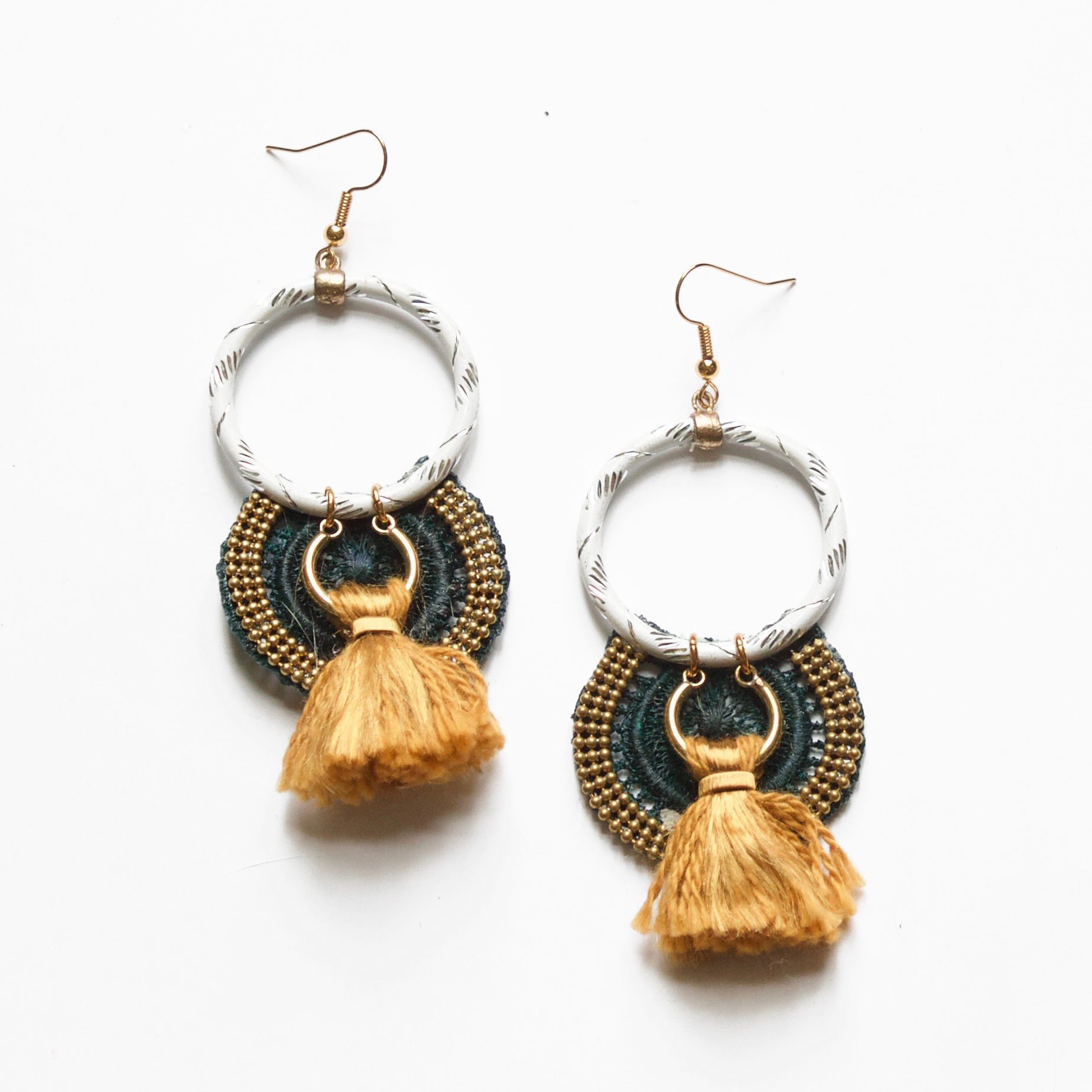 Musk tassel and lace earrings by THIS ILK
