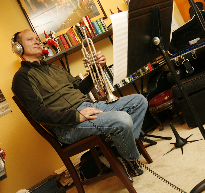 Matt Carr recording trumpet on West 23rd