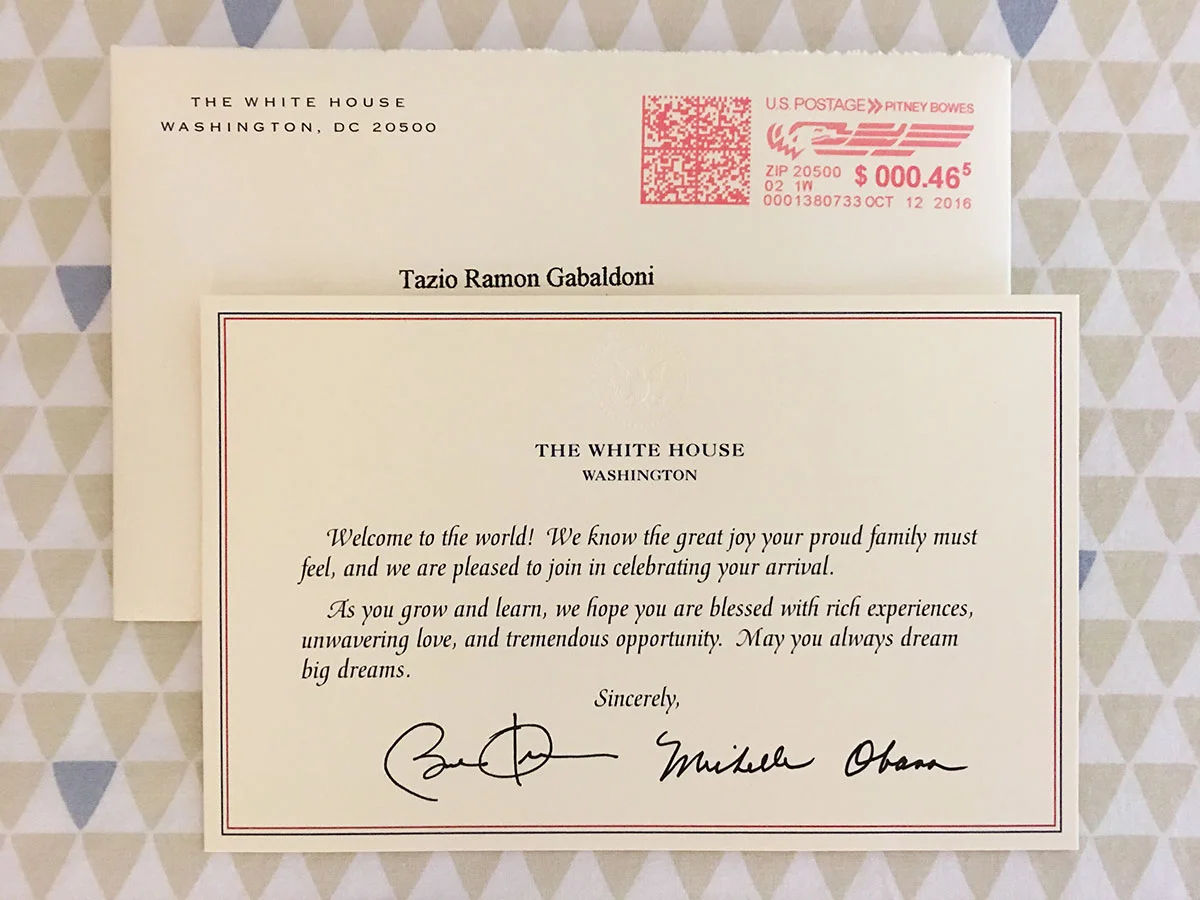 La carta dirigida a Tazio, firmada por Barack y Michelle Obama.