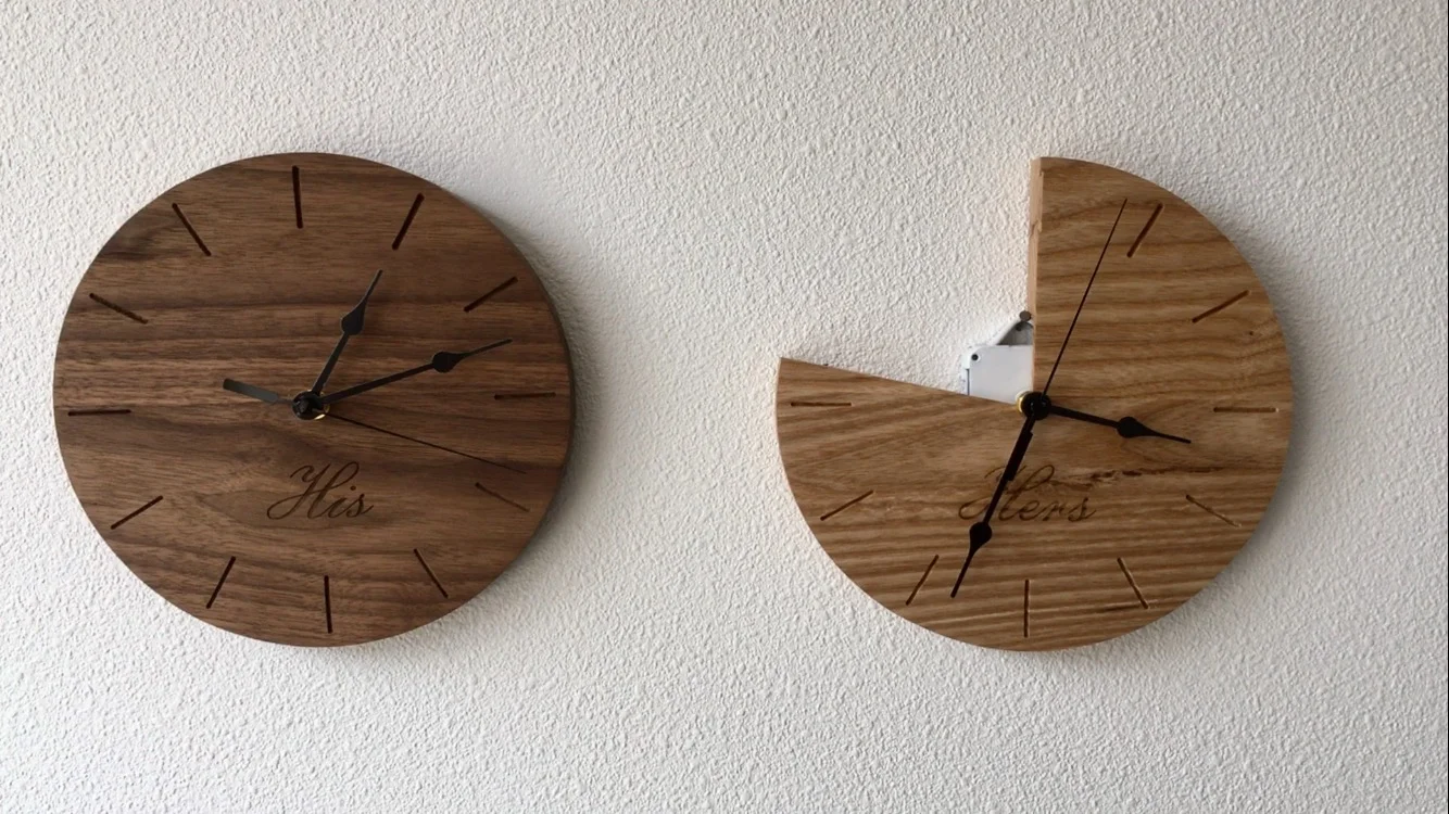 "Lies I've Been Told: 'My time is more valuable than your time' (His & Hers Clocks) Walnut, Ash & Clock Components 2017