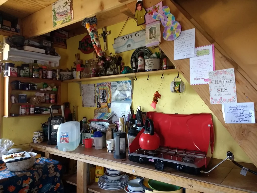 A cozy, well-stocked kitchen.