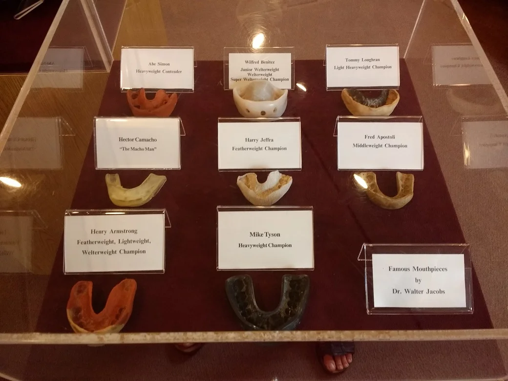 My favorite display! That's Mike Tyson's mouth guard at bottom center. Also my toes, lol.