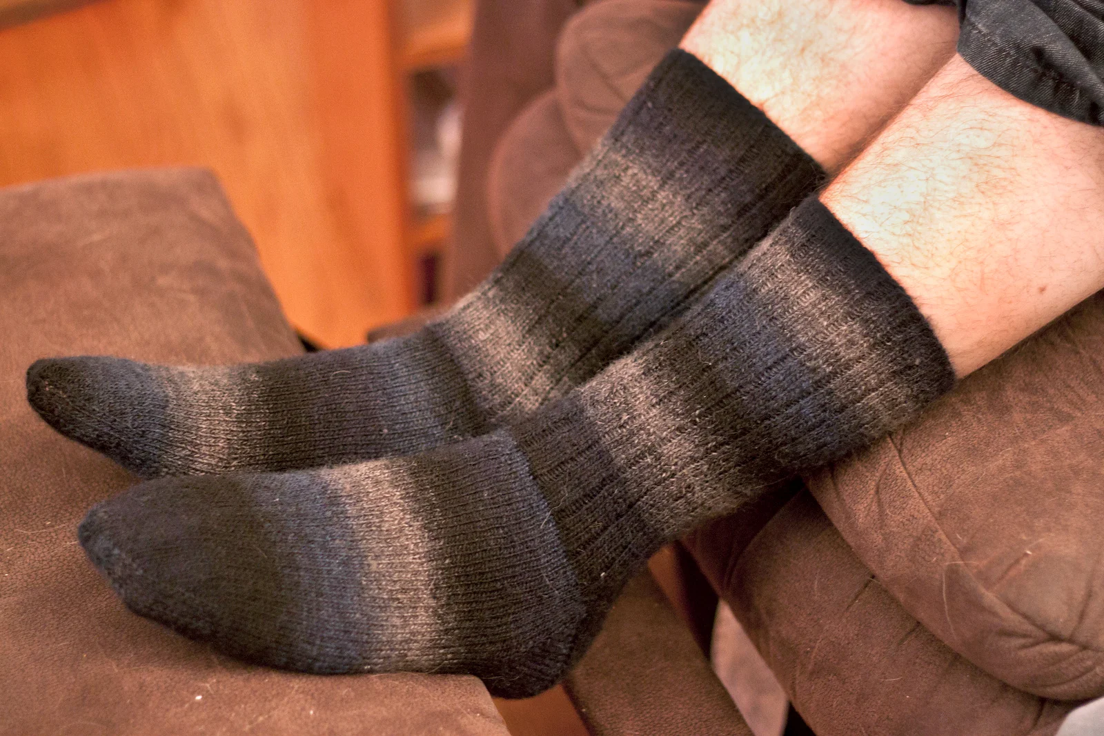 Jeff's socks made out of a self-striping yarn