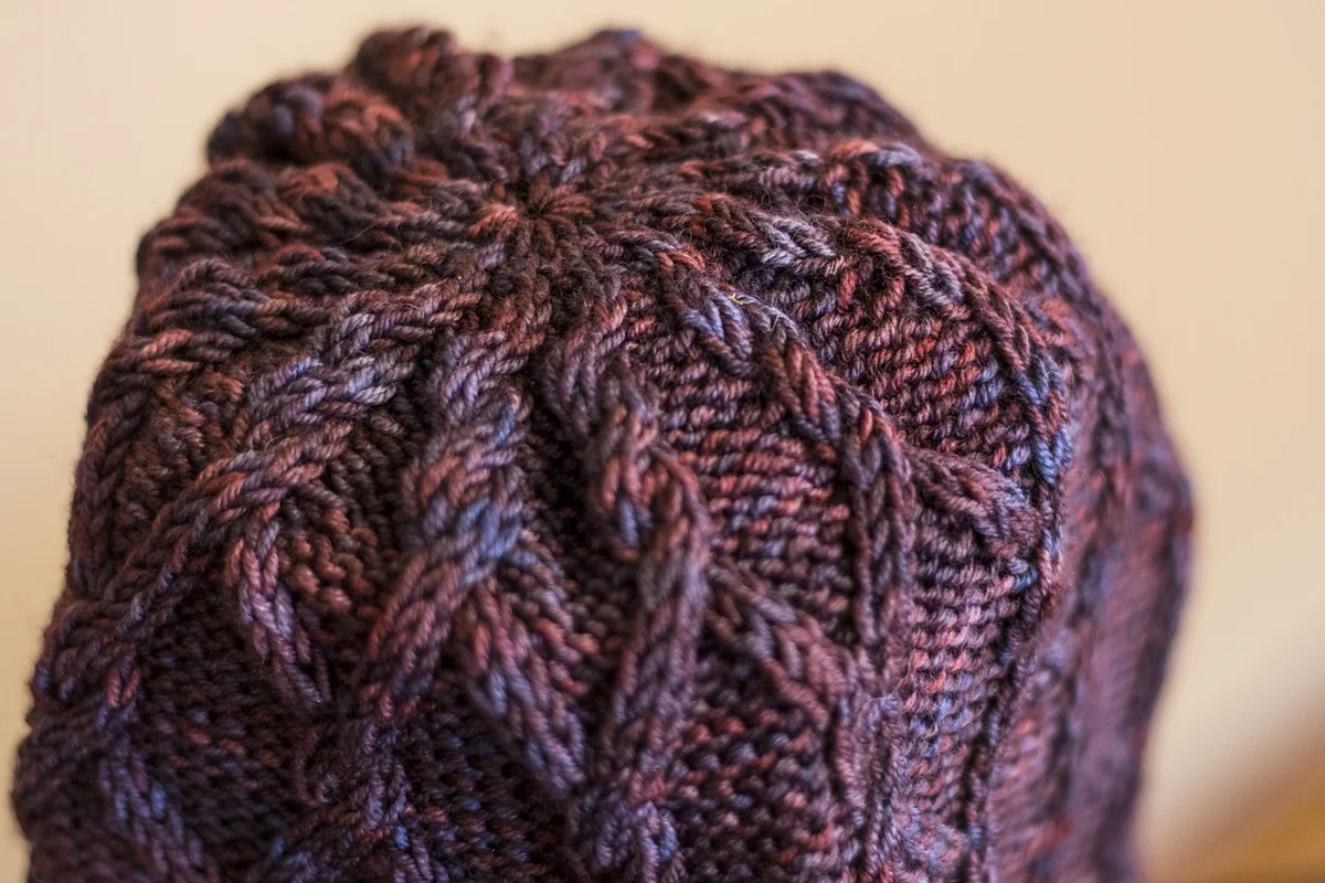 A cabled hat made out of Bluetick Coonhound