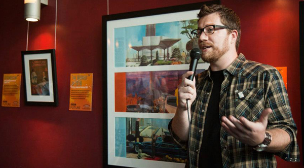 Matt Novak, author of the Paleofuture blog, at an exhibition of his collection hosted by BBC in Hollywood (2012)