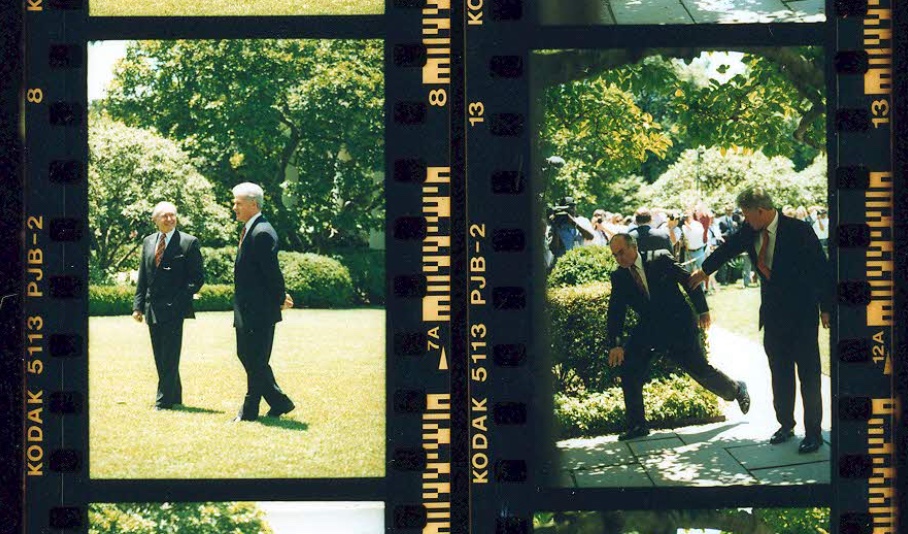 Australian Prime Minister nearly falls over in the White House Rose Garden on June 27, 1997 (Clinton Presidential Library)