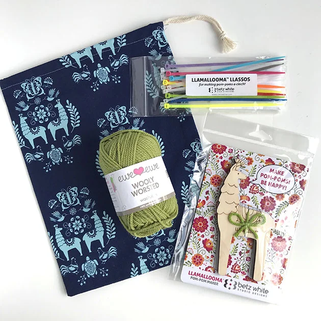 Llamallooma pom pom kit with handmade bag and Wooly Worsted yarn. Buy kit >