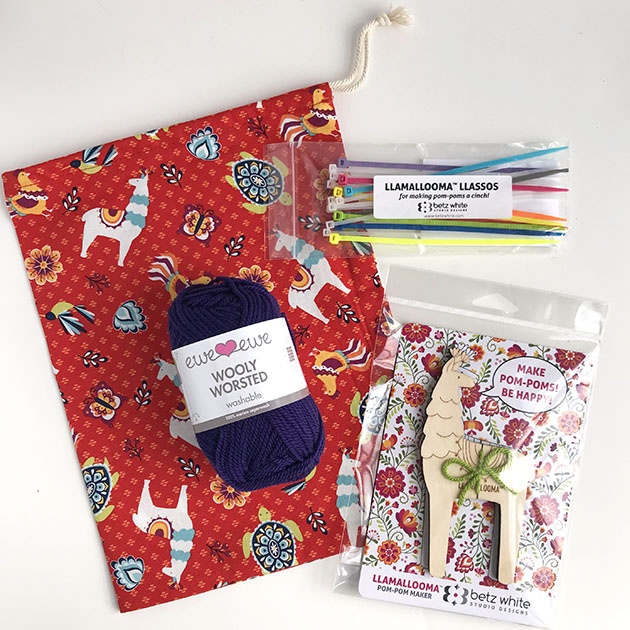 Llamallooma pom pom kit with handmade bag and Wooly Worsted yarn. Buy kit >