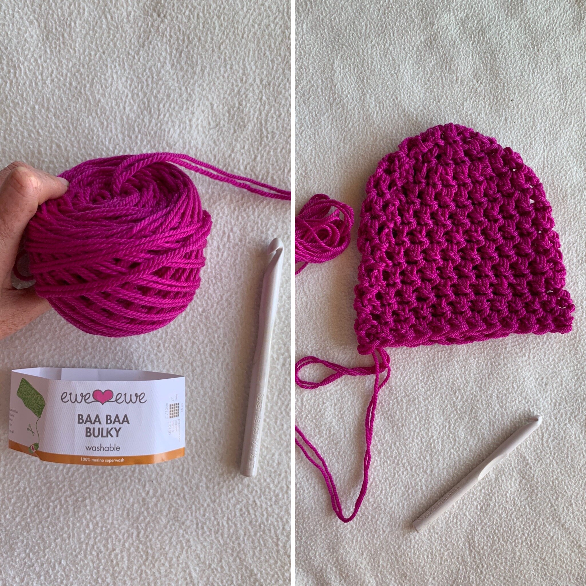 Quick crochet hat using Baa Baa Bulky merino wool yarn held double