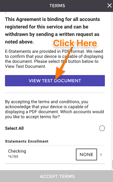 Step 4 - Scroll to bottom of agreement, click view test documnet.png