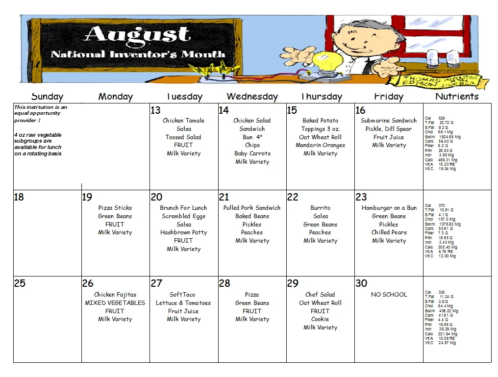 August Lunch Menu, Click menu to see larger view.